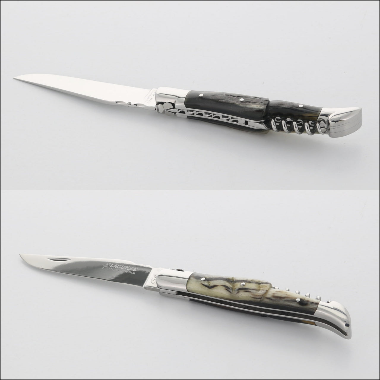Classic Laguiole Corkscrew Knife with dark ram horn handle, shown open, closed, and partially open.