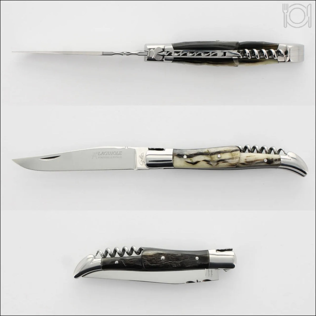 Classic Laguiole Corkscrew Knife with dark ram horn handle, shown open, closed, and partially open.