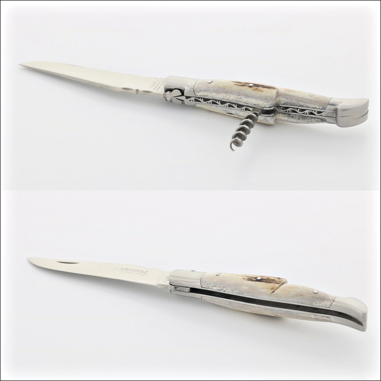 Classic Laguiole Corkscrew Knife Deer Stag Handle, close-up of the open and closed knife. Handcrafted details, 100% Made in France.