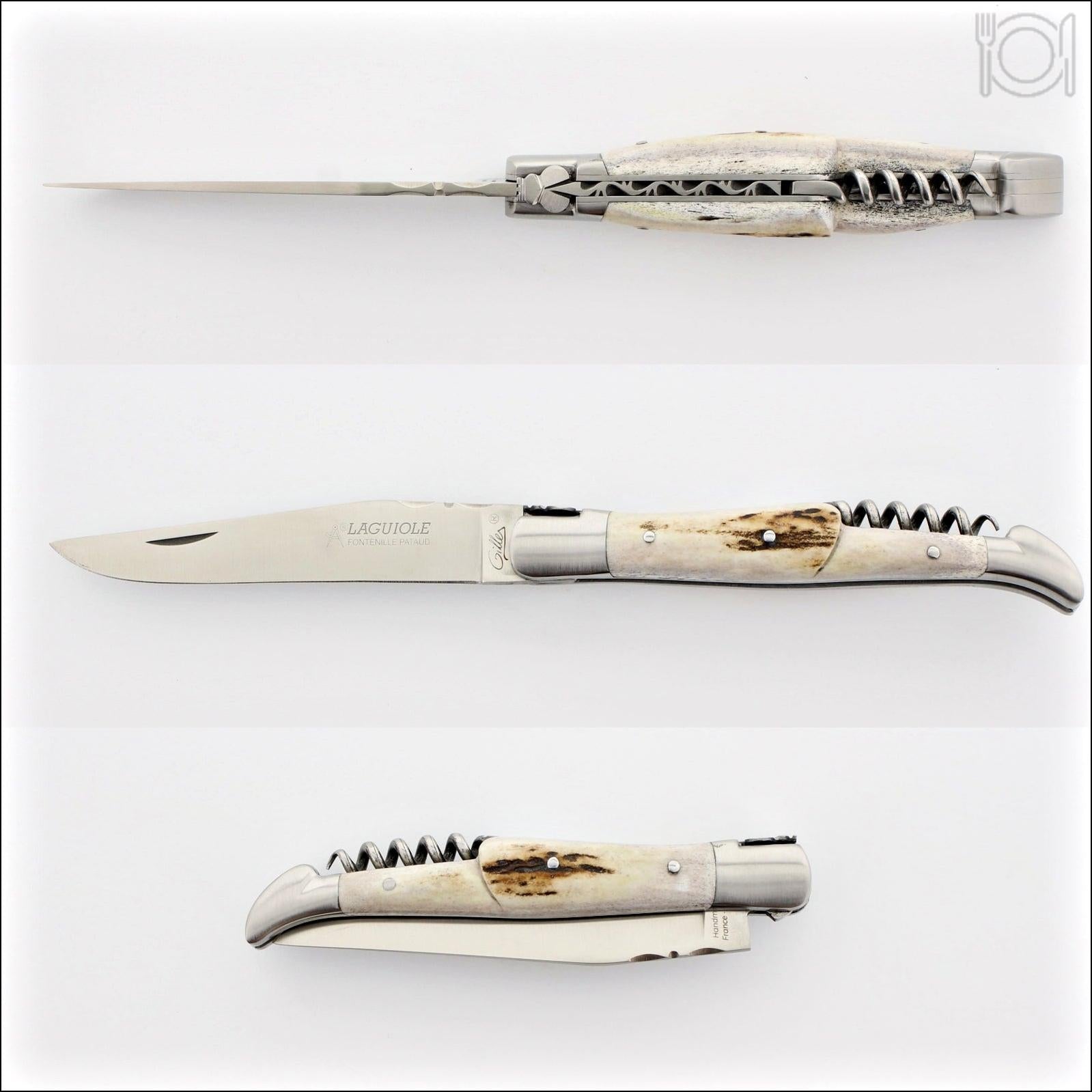 Classic Laguiole Corkscrew Knife Deer Stag Handle, close-up of the open and closed knife. Handcrafted details, 100% Made in France.