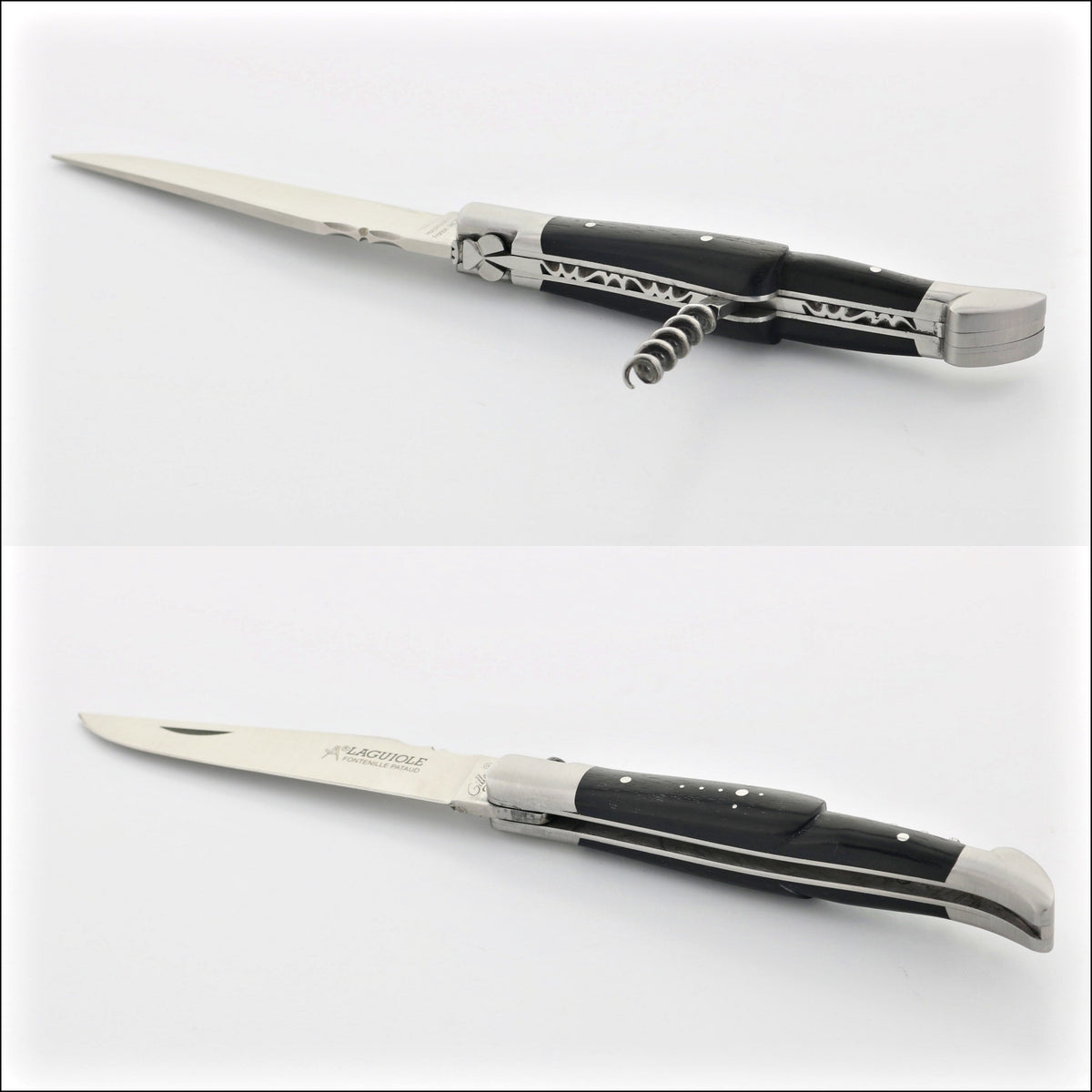 Classic Laguiole Corkscrew Knife Ebony Handle, top-down view of the open blade and corkscrew. Handcrafted details, 100% Made in France.
