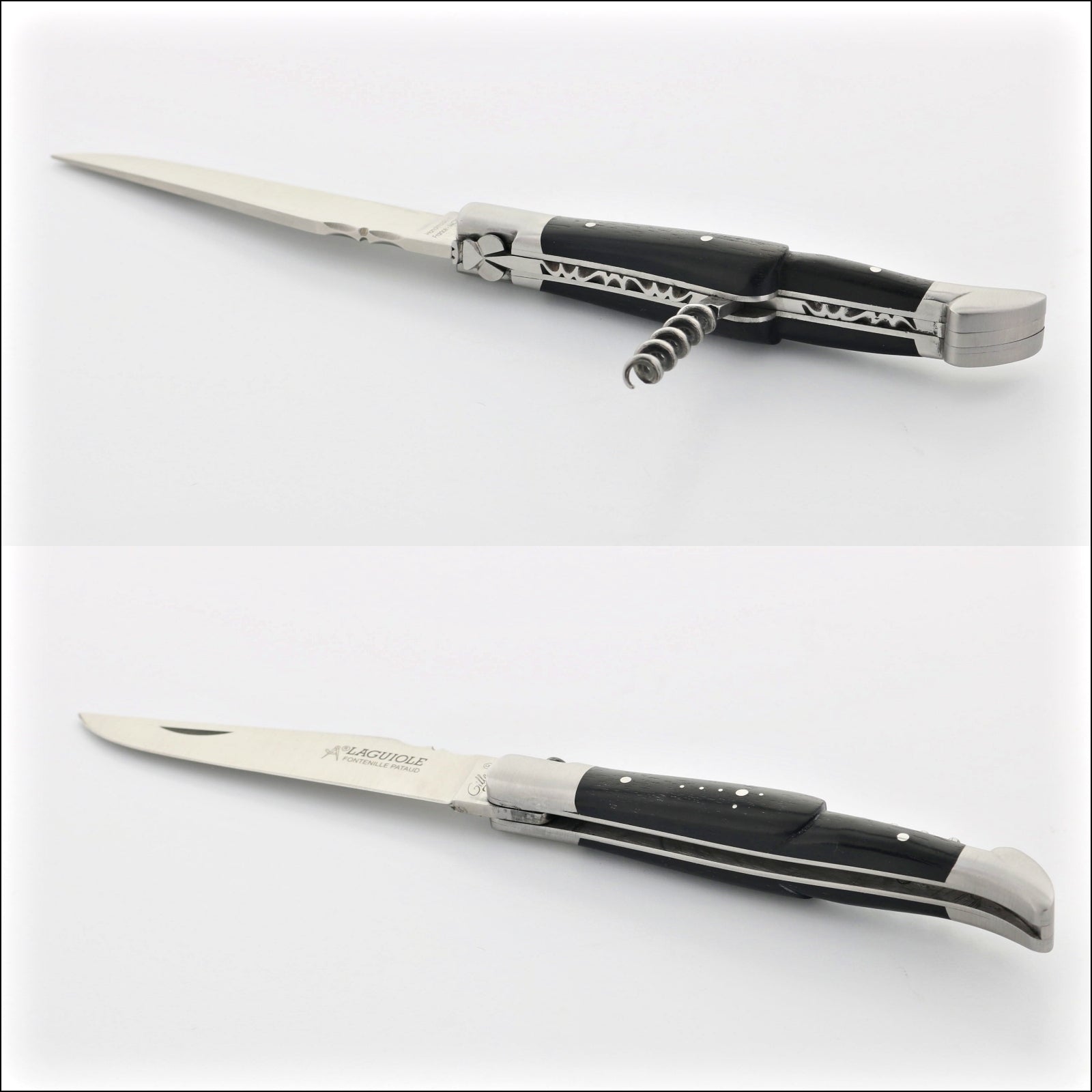 Classic Laguiole Corkscrew Knife Ebony Handle, top-down view of open and closed knife. Handcrafted details, 100% Made in France.