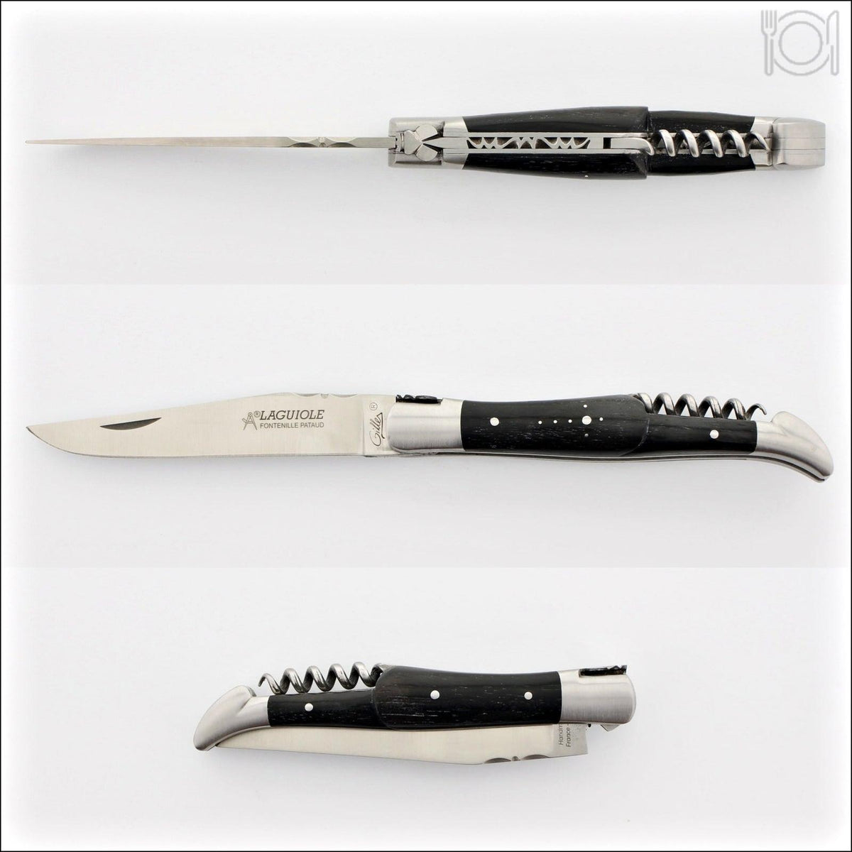 Classic Laguiole Corkscrew Knife Ebony Handle, top-down view of open and closed knife. Handcrafted details, 100% Made in France.