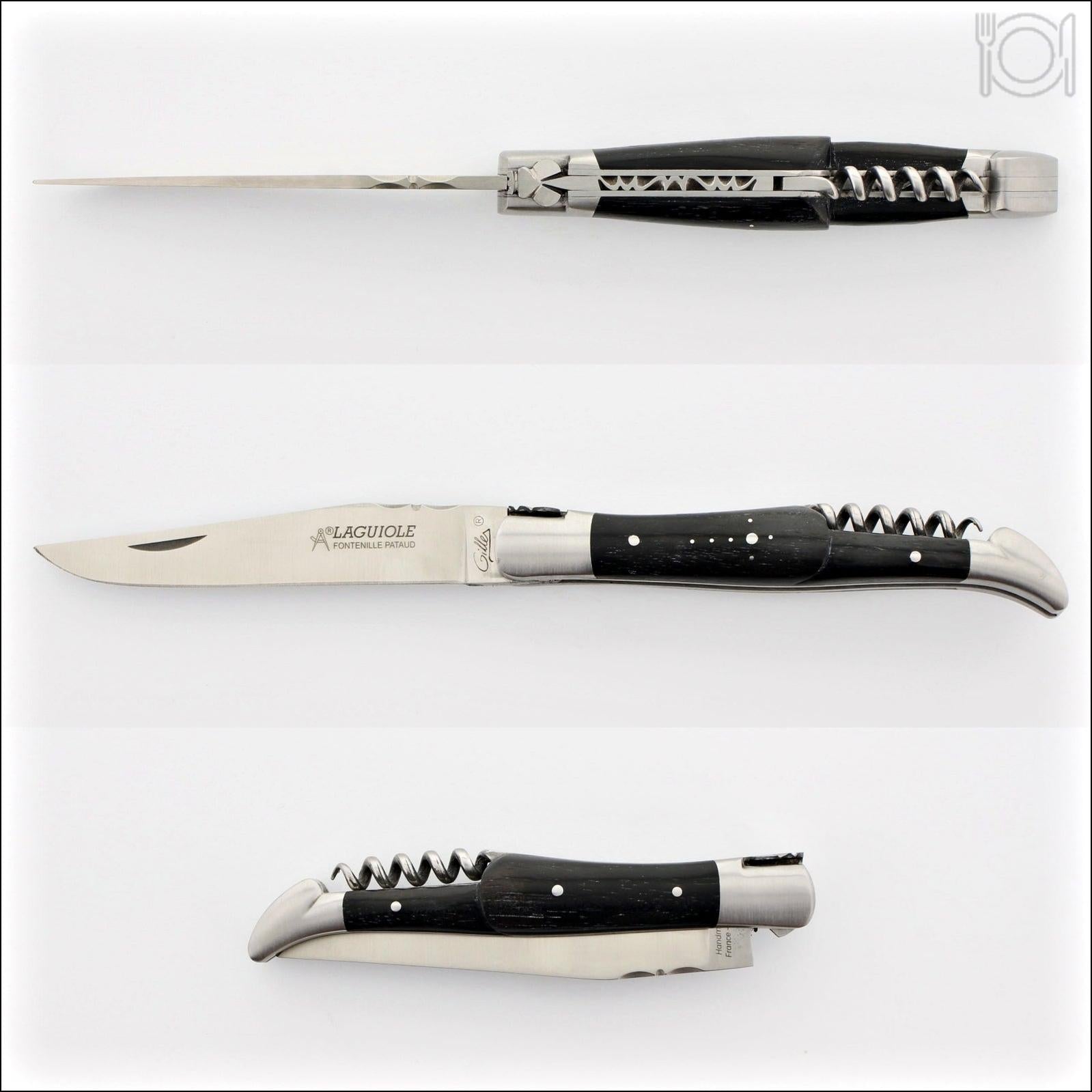 Classic Laguiole Corkscrew Knife Ebony Handle, top-down view of open and closed knife. Handcrafted details, 100% Made in France.