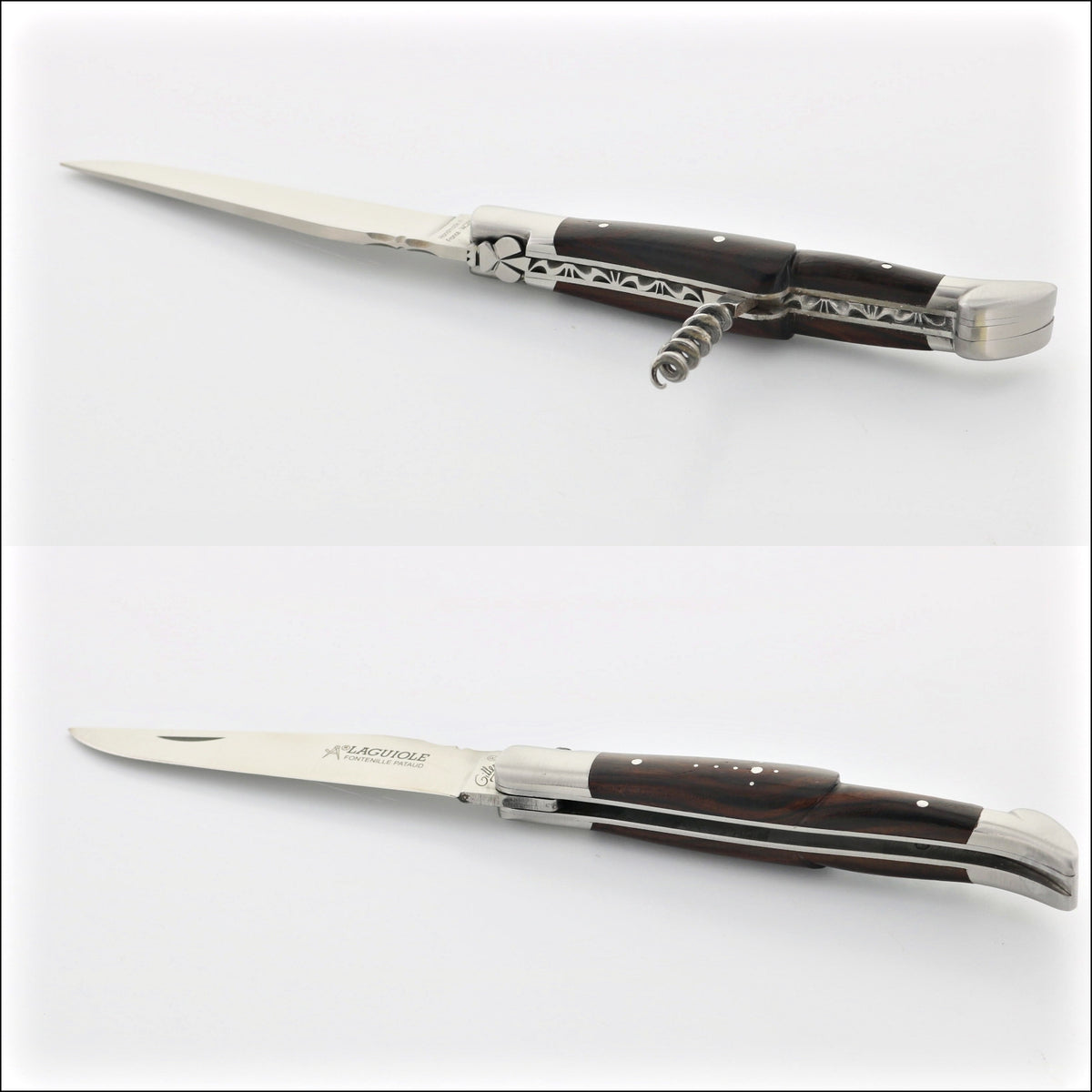 Classic Laguiole Corkscrew Knife Ironwood Handle, close-up of the corkscrew and handle. Handcrafted details, 100% Made in France.