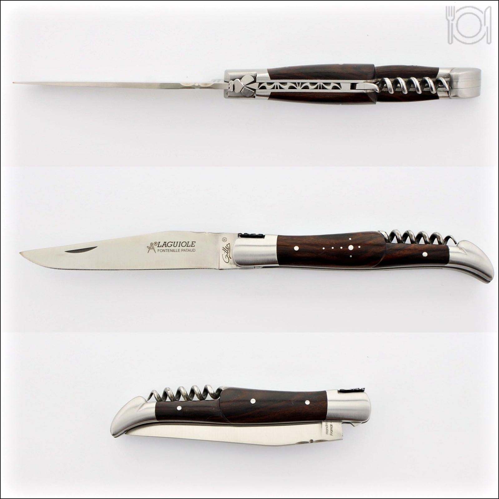 Classic Laguiole Corkscrew Knife Ironwood Handle, close-up of the dark wood handle. Handcrafted details, 100% Made in France.