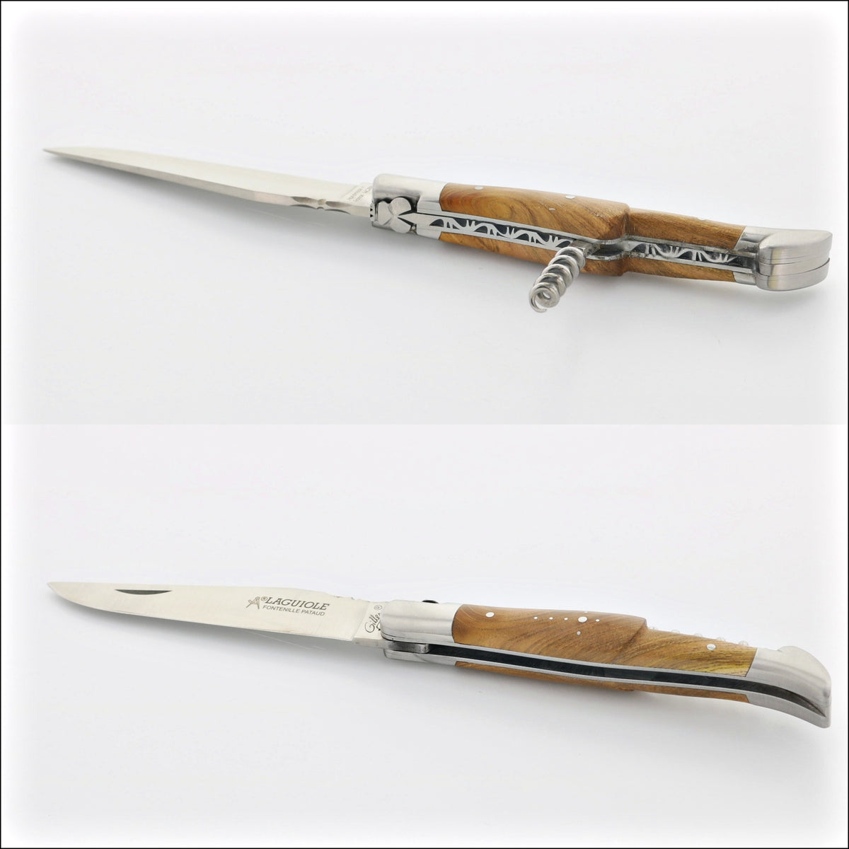 Classic Laguiole Corkscrew Knife Pistachio Handle, close-up of the handle and corkscrew. Handcrafted details, 100% Made in France.