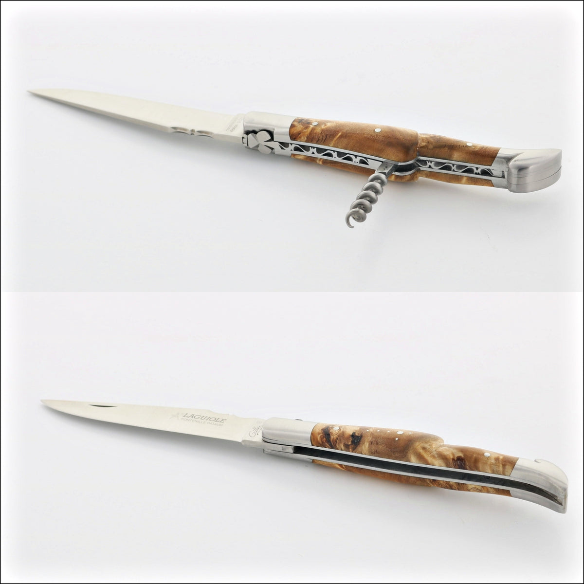 Classic Laguiole Corkscrew Knife Poplar Burl Handle, close-up showing the corkscrew and blade. Handcrafted details, 100% Made in France.