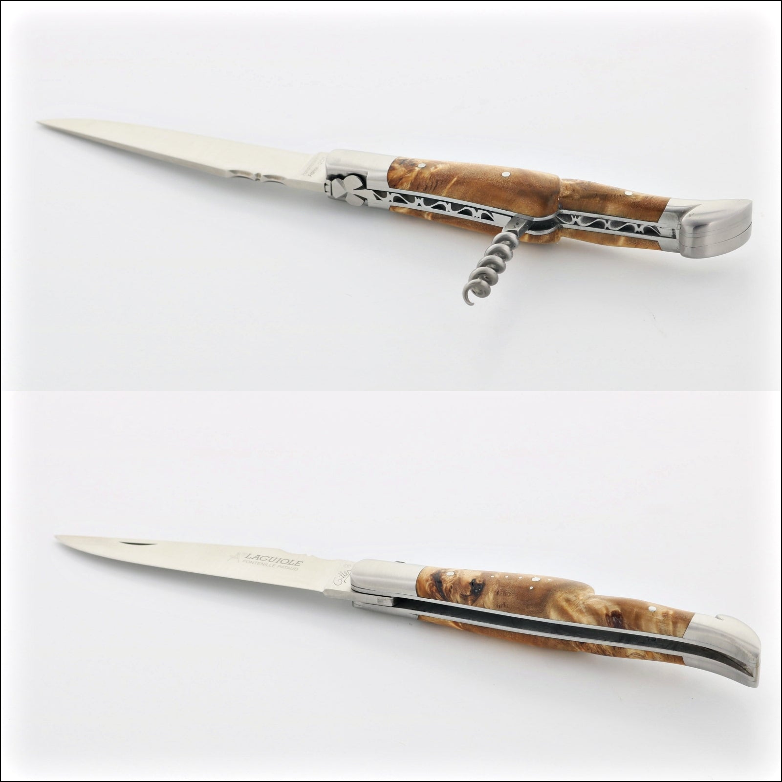 Classic Laguiole Corkscrew Knife Poplar Burl Handle, side view. Handcrafted details, 100% Made in France.