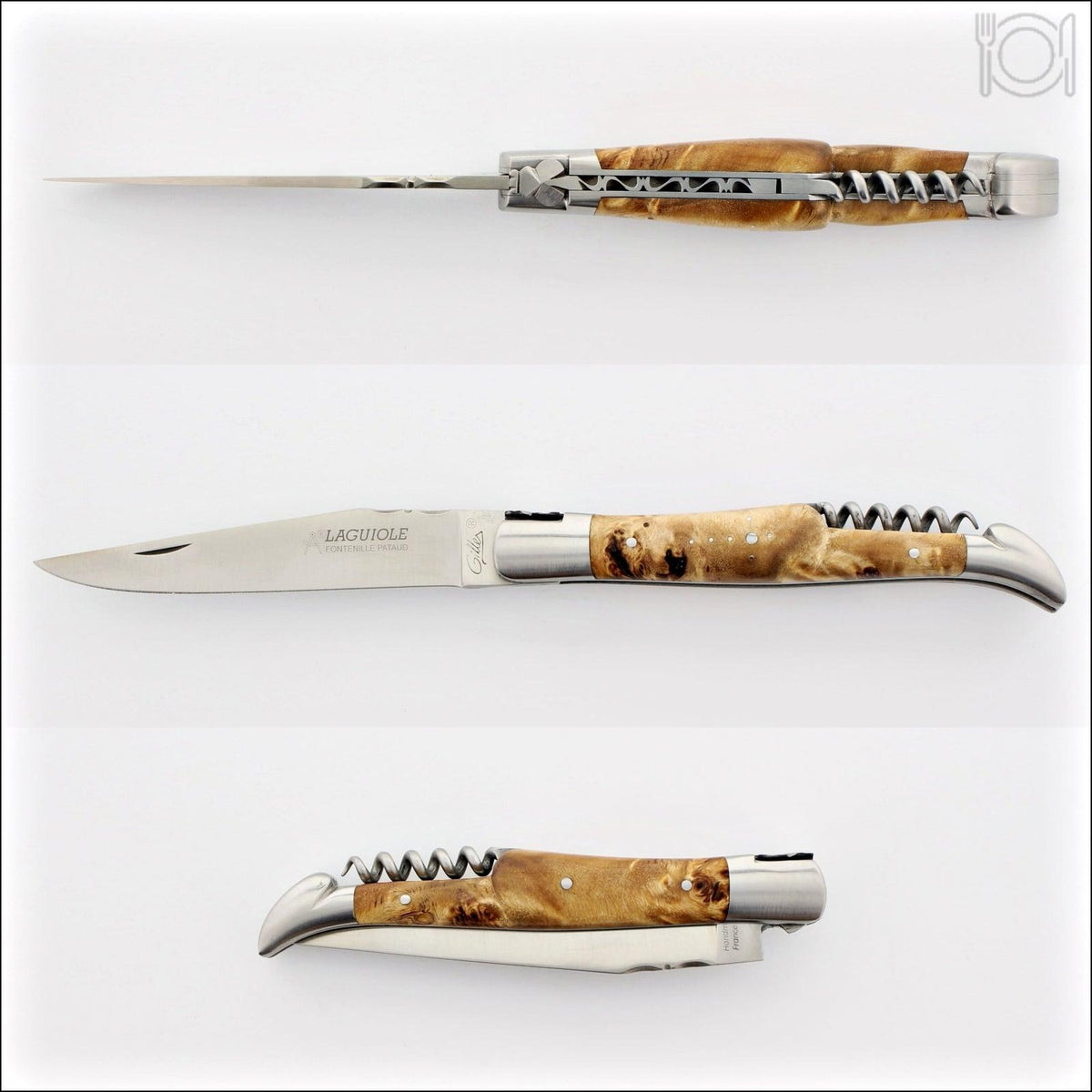 Classic Laguiole Corkscrew Knife Poplar Burl Handle, side view. Handcrafted details, 100% Made in France.