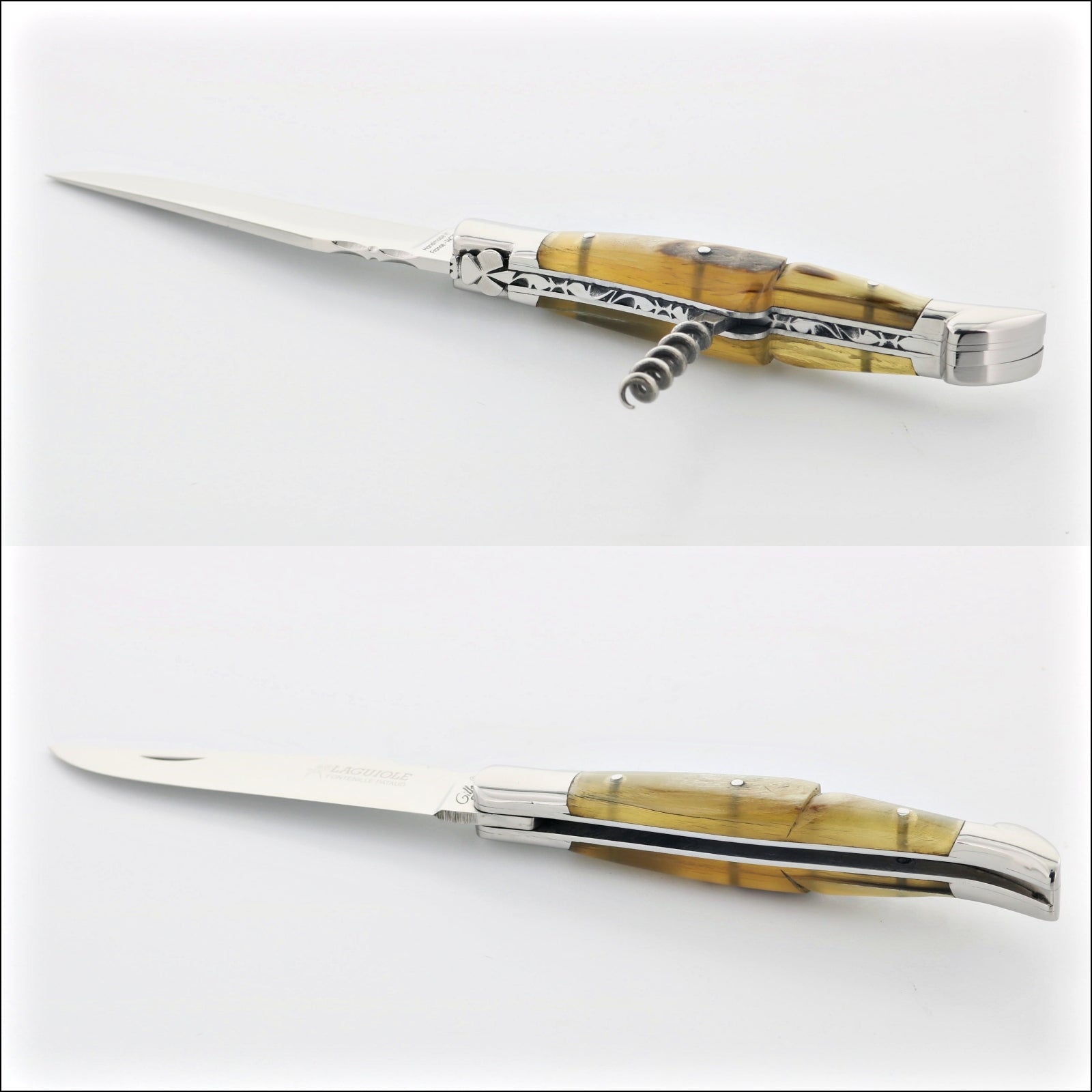 Classic Laguiole Corkscrew Knife Ram Horn Handle, side view of open blade, corkscrew, and closed knife. Handcrafted details, 100% Made in France.