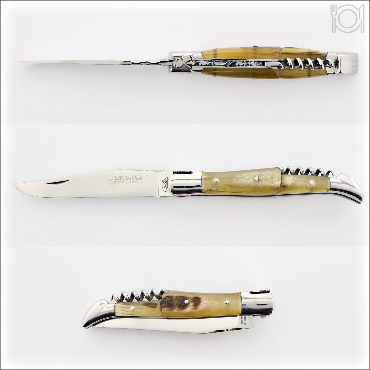 Classic Laguiole Corkscrew Knife Ram Horn Handle, side view of open blade, corkscrew, and closed knife. Handcrafted details, 100% Made in France.