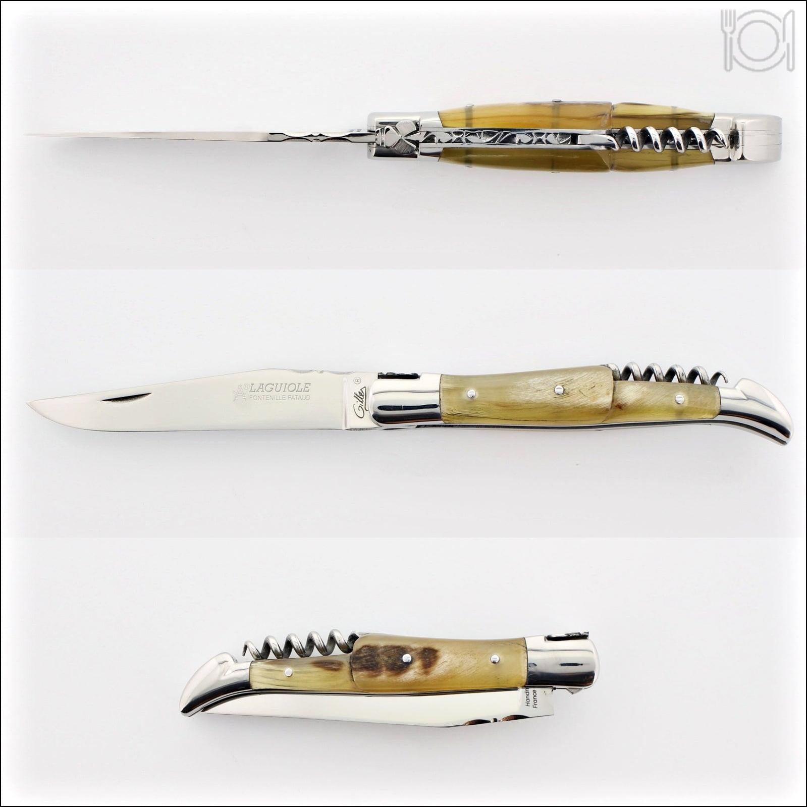 Classic Laguiole Corkscrew Knife Ram Horn Handle, side view of open blade, corkscrew, and closed knife. Handcrafted details, 100% Made in France.