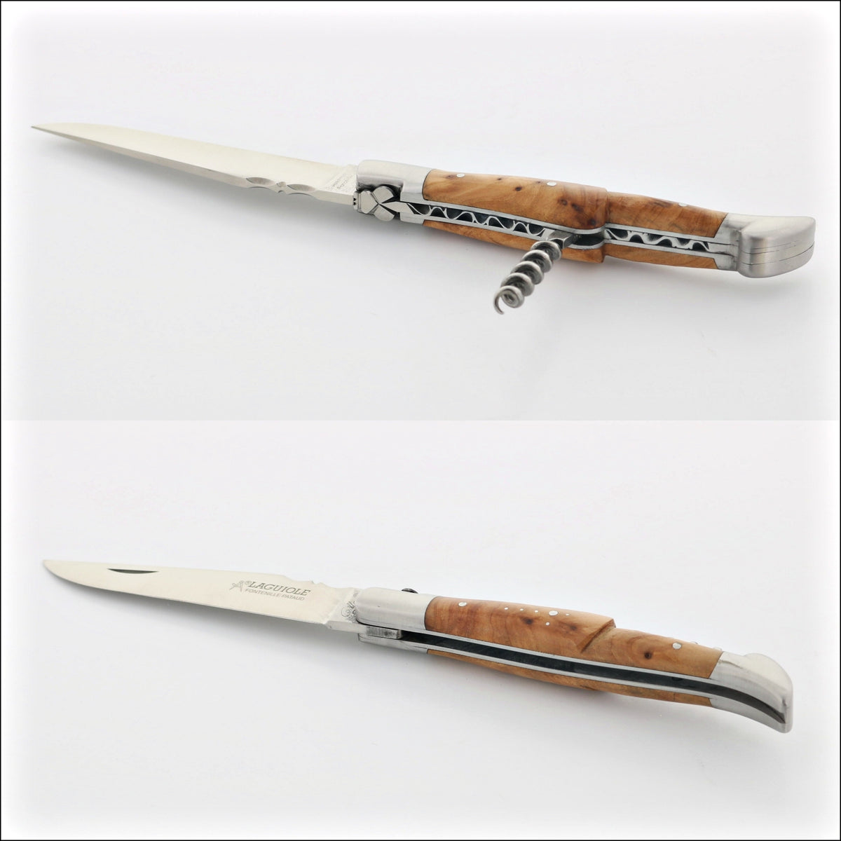 Classic Laguiole Corkscrew Knife Thuya Handle, close-up of the open blade and corkscrew. Handcrafted details, 100% Made in France.
