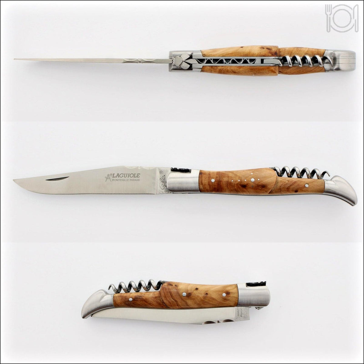 Classic Laguiole Corkscrew Knife Thuya Handle, top-down view of open and closed knife. Handcrafted details, 100% Made in France.