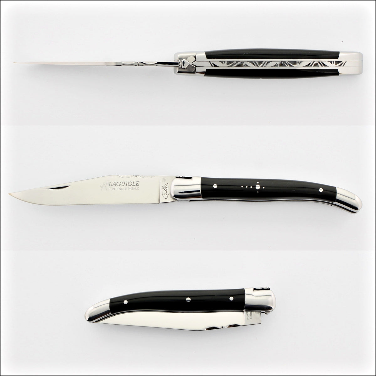 Classic Laguiole Pocket Knife 11 cm Black Horn Tip Handle, side view. Handcrafted details, 100% Made in France.