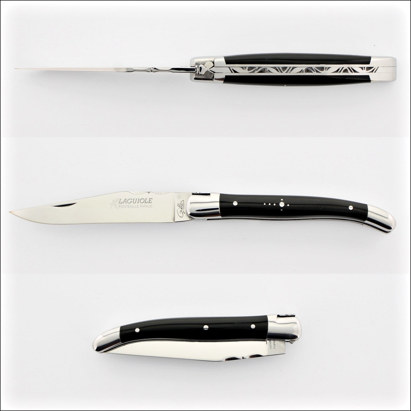 Classic Laguiole Pocket Knife 11 cm Black Horn Tip Handle, side view. Handcrafted details, 100% Made in France.