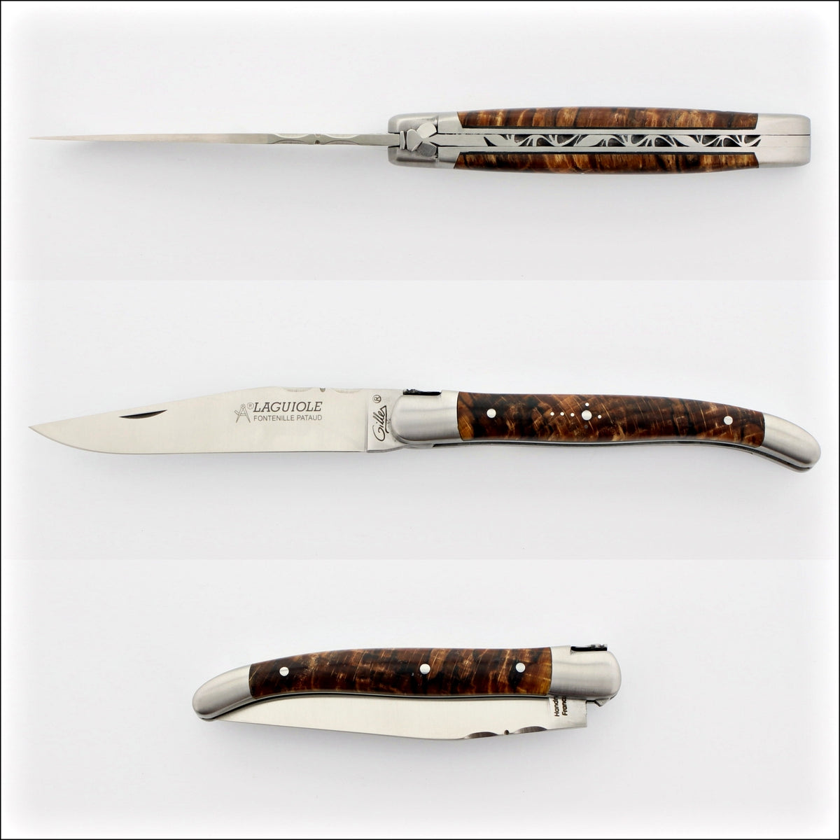 Classic Laguiole Pocket Knife 11 cm Burled Beech End Grain, top, side, and closed views. Handcrafted details, 100% Made in France.