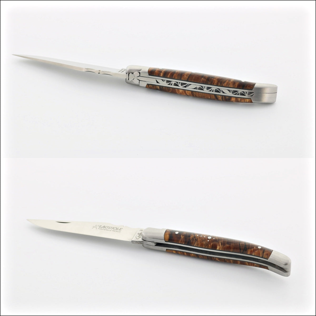Classic Laguiole Pocket Knife 11 cm Burled Beech End Grain, top-down view of the handle and blade. Handcrafted details, 100% Made in France.