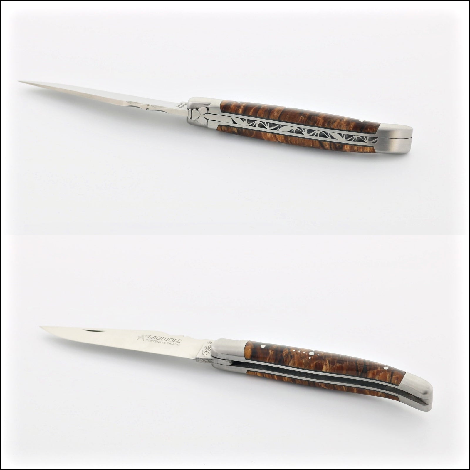 Classic Laguiole Pocket Knife 11 cm Burled Beech End Grain, top, side, and closed views. Handcrafted details, 100% Made in France.