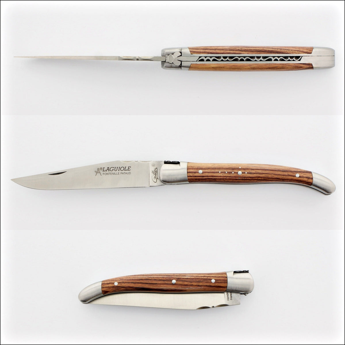 Classic Laguiole Pocket Knife 11 cm Cocobolo Handle, side view. Handcrafted details, 100% Made in France.
