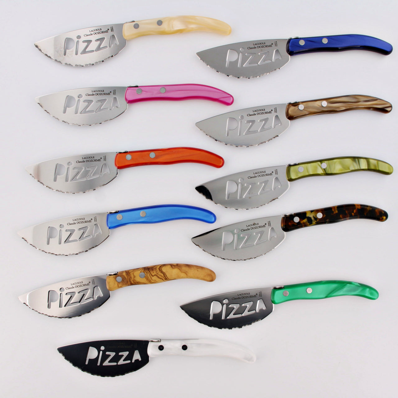 11 laguiole pizza knives with each color written next to each knife