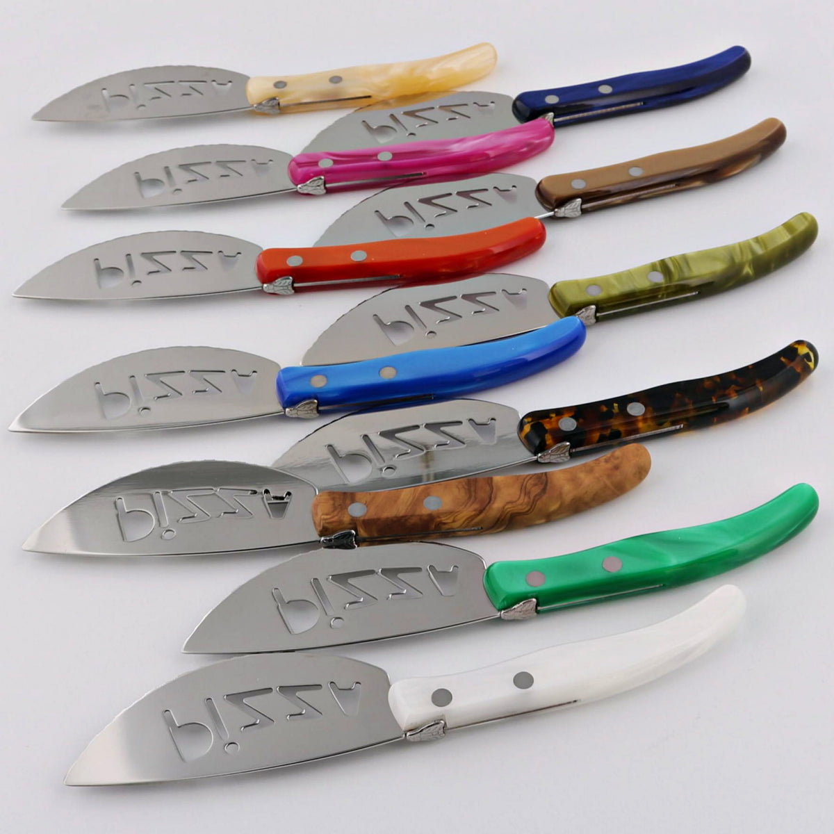side view with bee of 11 colorful laguiole pizza knives 