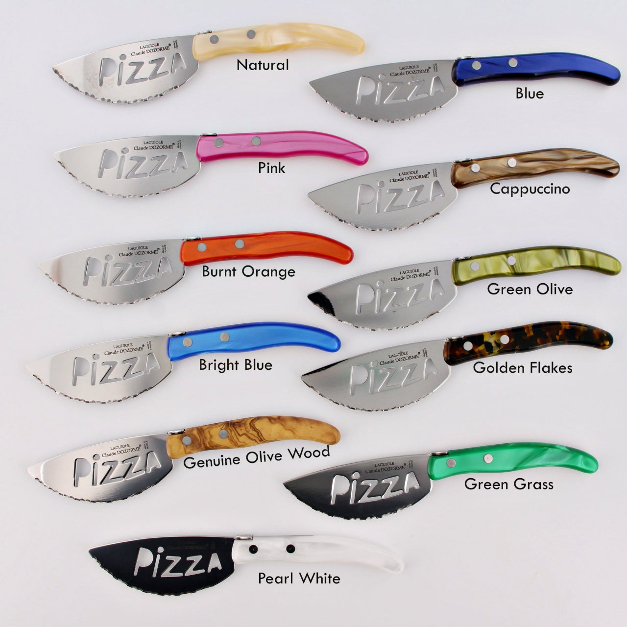 11 laguiole pizza knives with each color written next to each knife