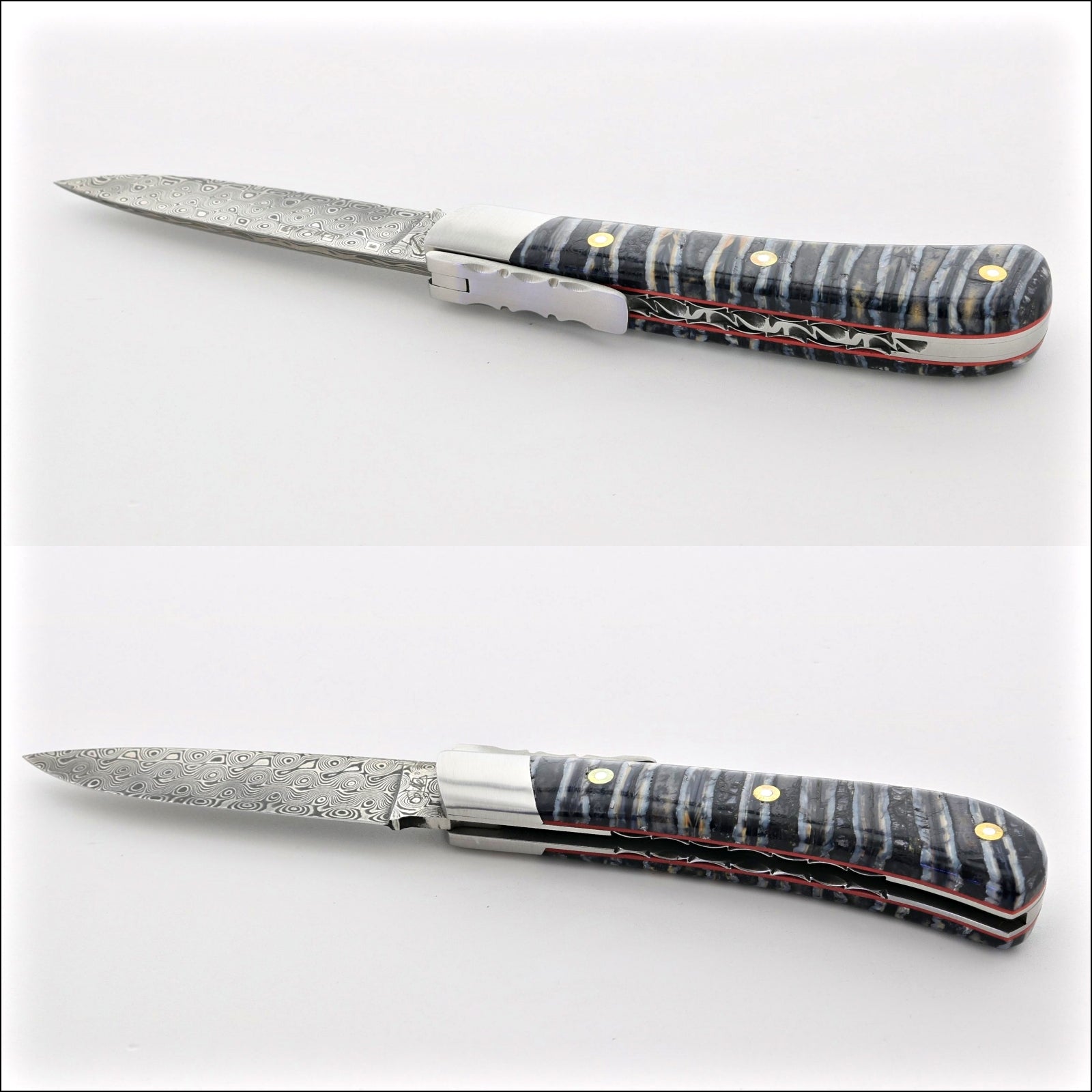 Corsican L'Antò Guilloché Damascus Blade Mammoth Tooth Midnight Black & Blue