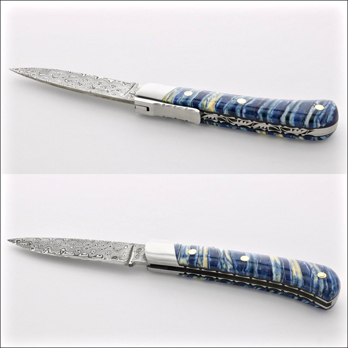 Corsican L&#39;Antò Guilloché Damascus Blade Mammoth Tooth Midnight Blue