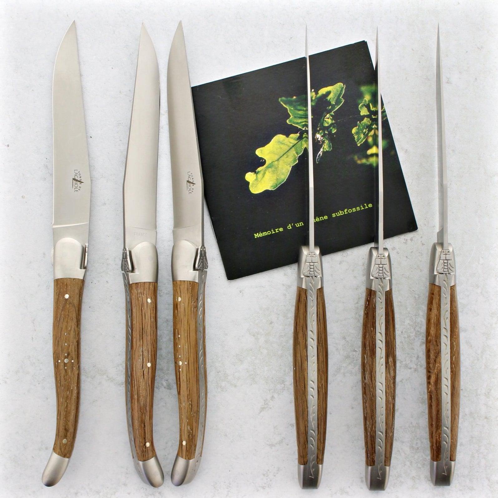 Forge de Laguiole 5000 Years Old Sub Fossilized Oak Heart Steak Knives - Brushed