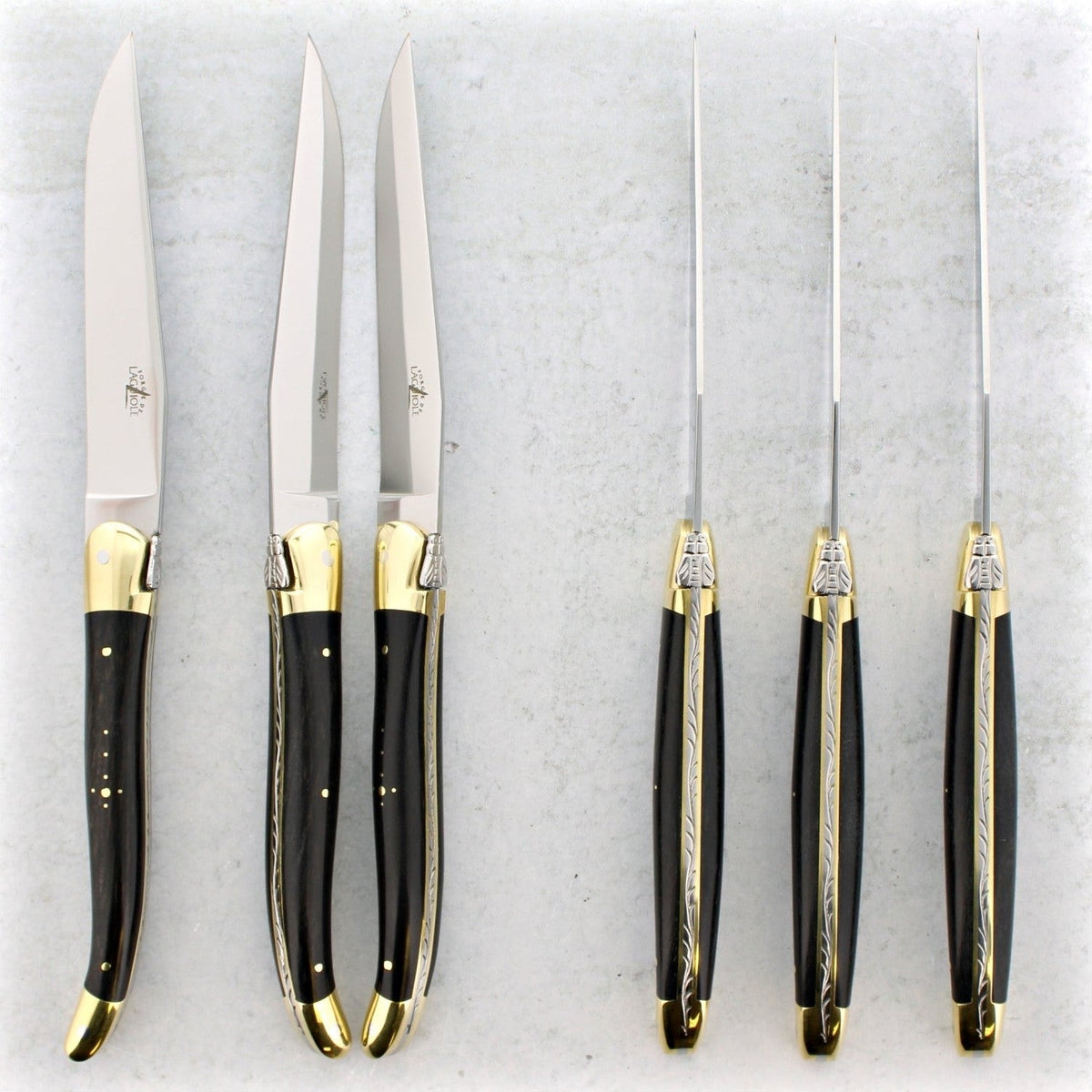 Forge de Laguiole Ebony Wood Steak Knives - Brass Bolsters - Luxury Presentation Set