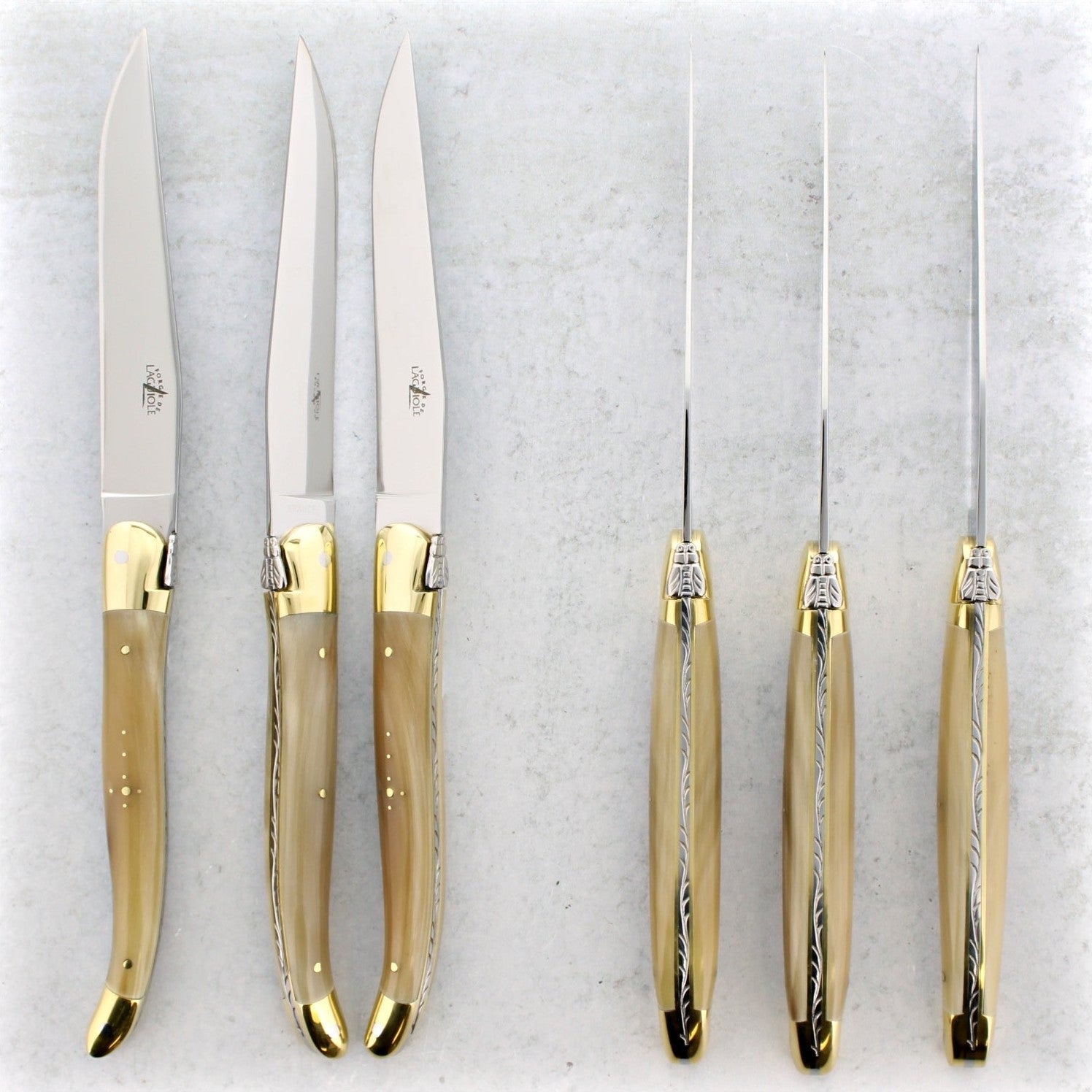 Forge de Laguiole Horn Tip Handle Steak Knives - Brass Bolsters