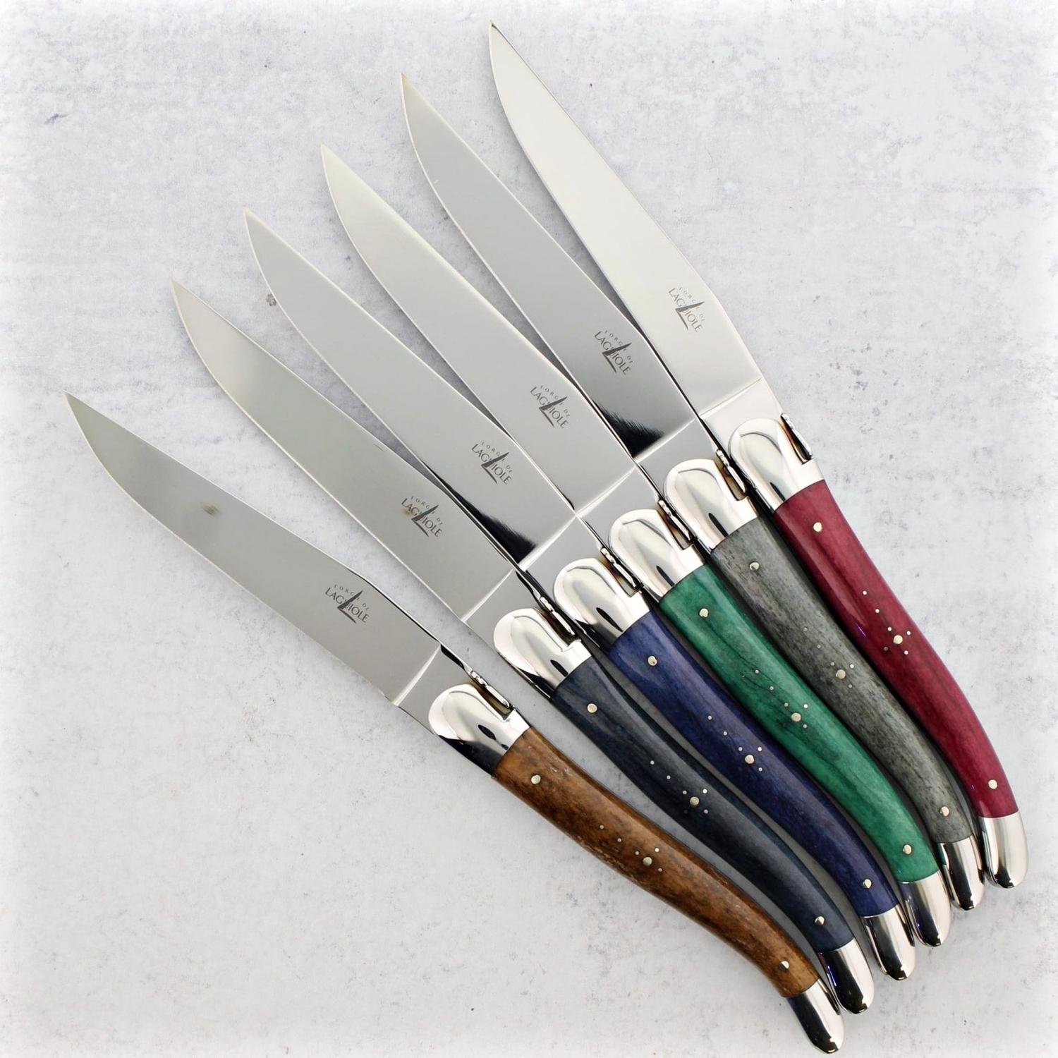 Forge de Laguiole Hand-Dyed Vintage Cattle Bone Steak Knives - Set of 6, - Handcrafted by Forge de Laguiole