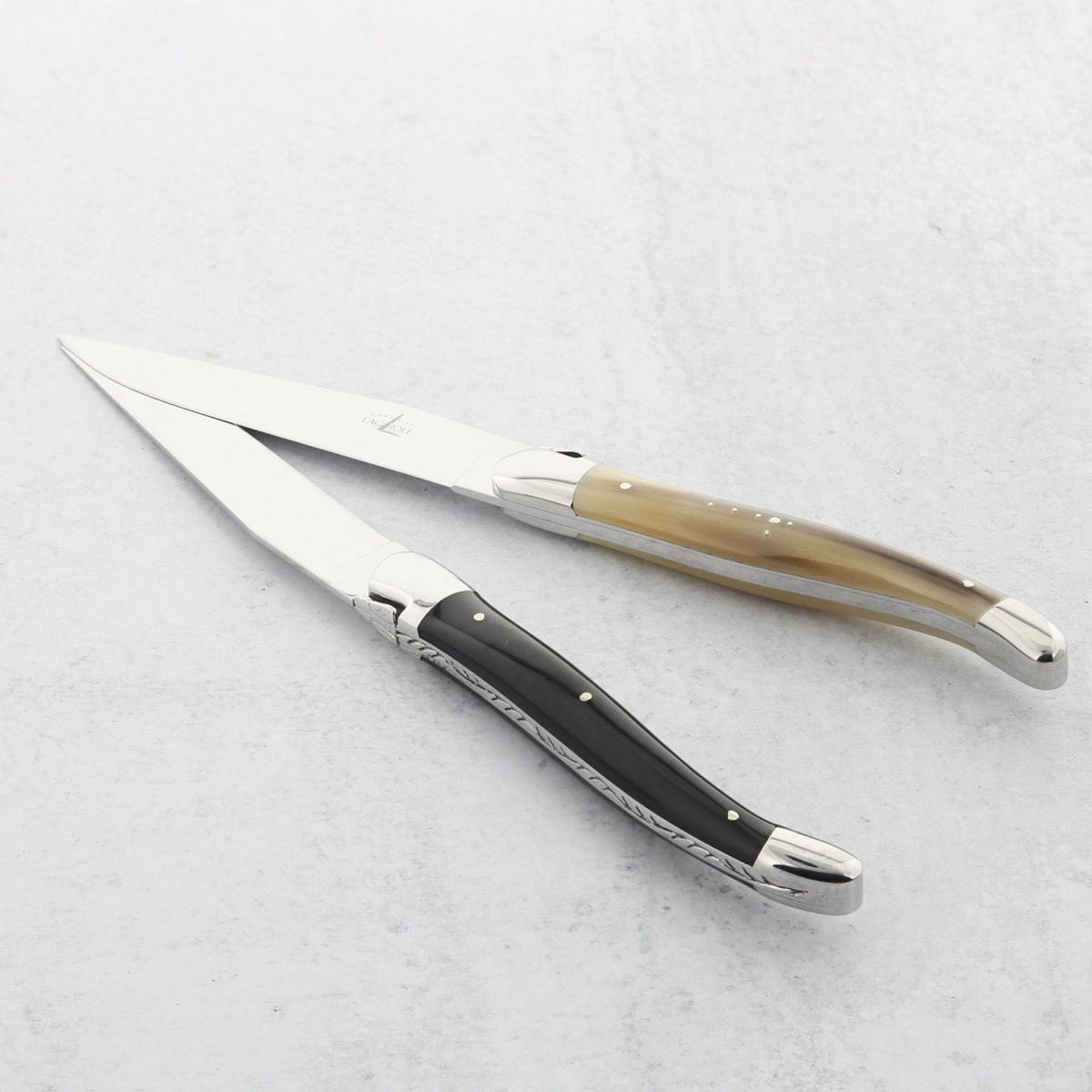 Forge de Laguiole Steak Knife Set - Light & Dark Horn Tip - Set of 2