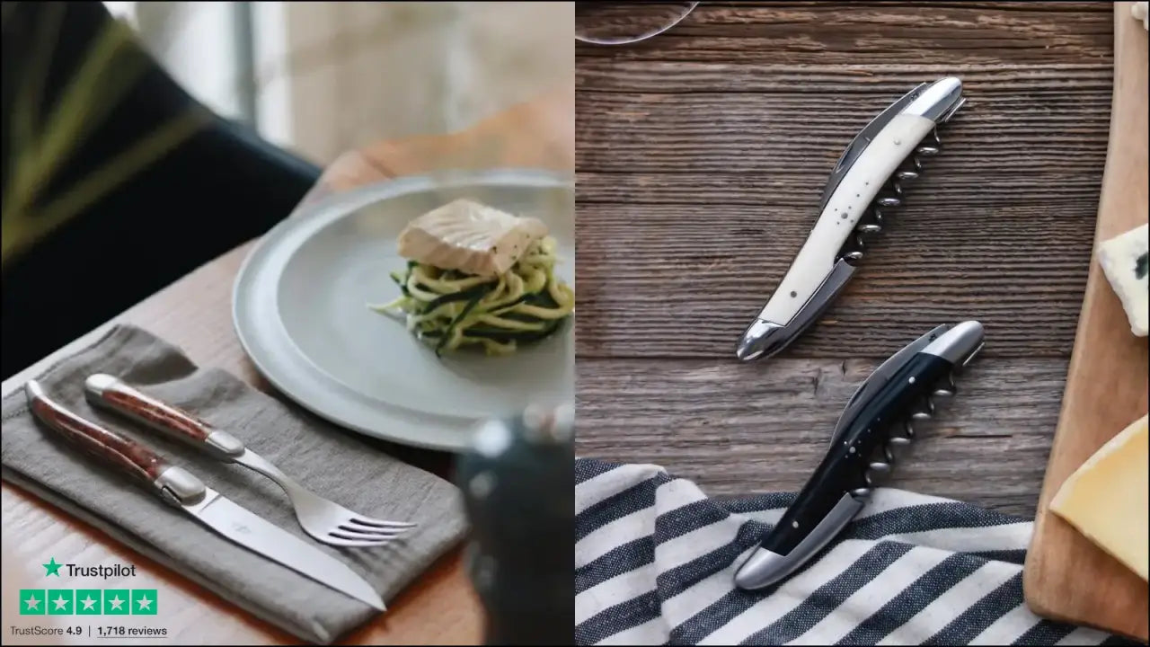 On the left, a Laguiole knife and fork on the right two corkscrews