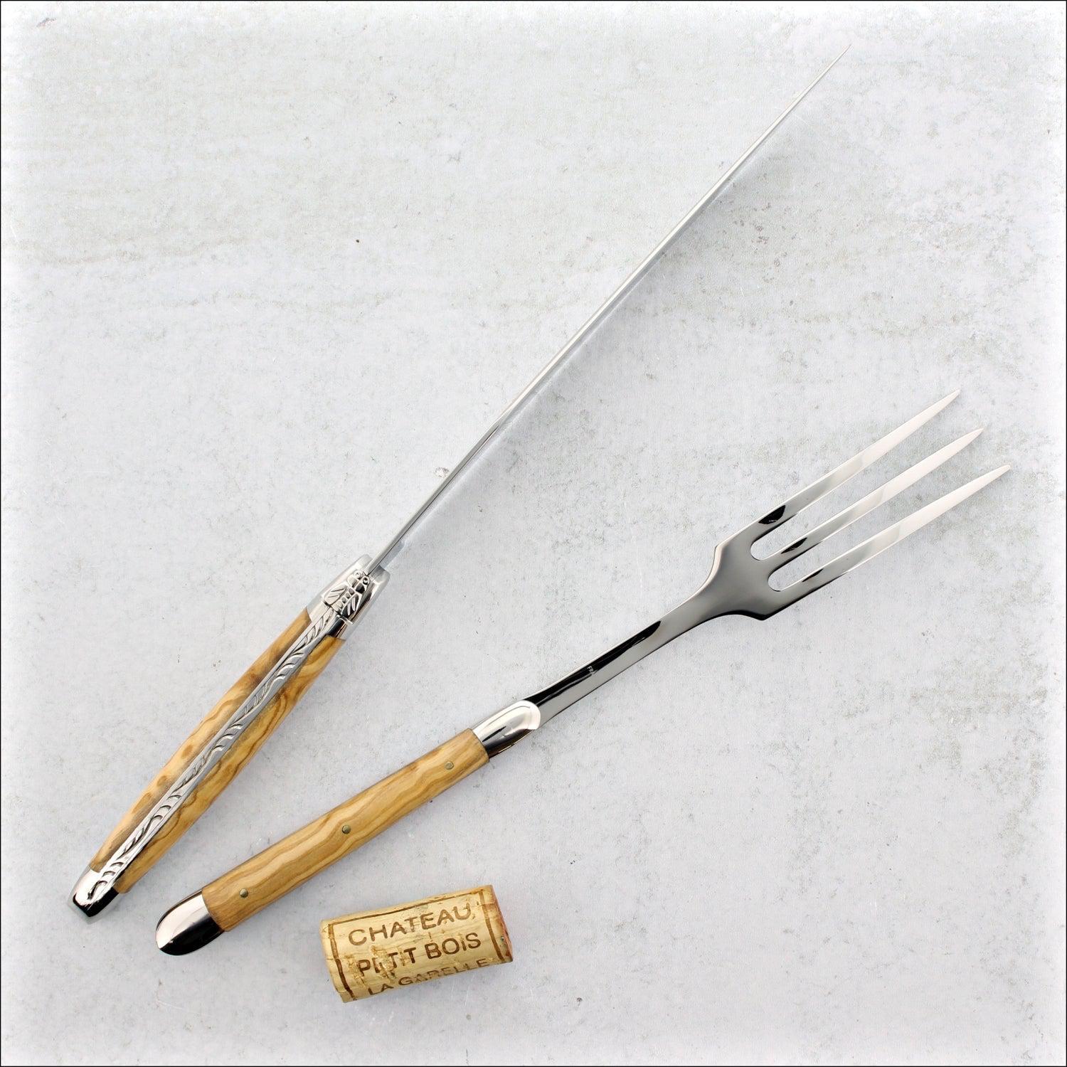 Laguiole Carving Set Olive Wood Handle Shiny Finish