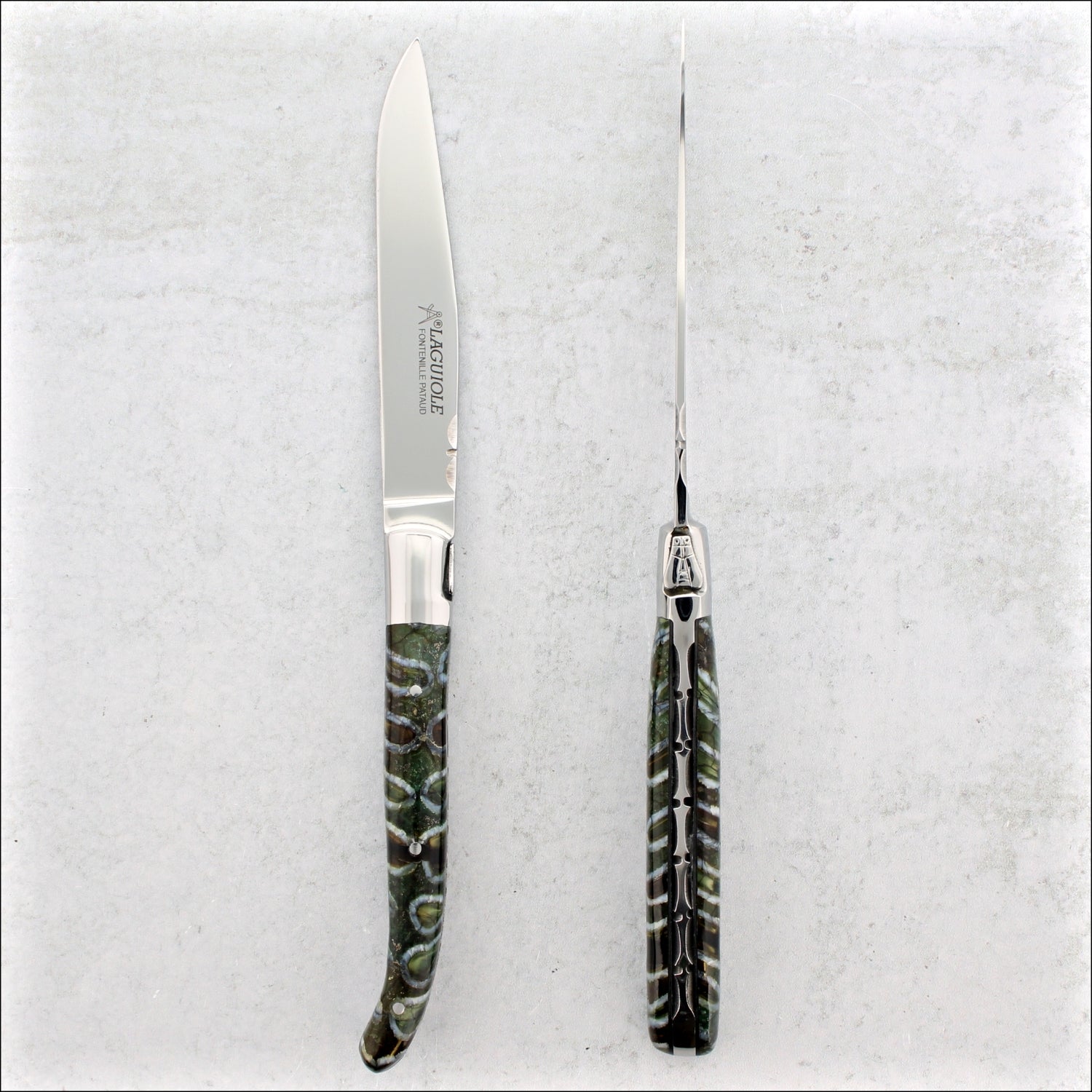 Laguiole Forged Steak Knives Fossilized Woolly Mammoth Tooth - Set of 2 - Emerald