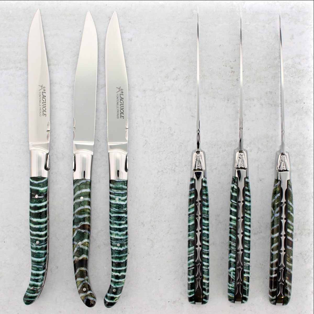 Laguiole Forged Steak Knives Fossilized Woolly Mammoth Tooth - Set of 6 - Emerald