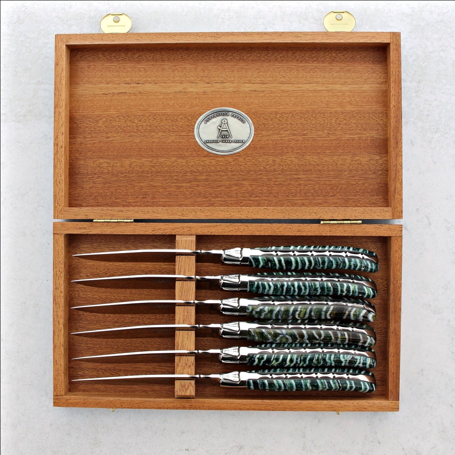 Laguiole Forged Steak Knives Fossilized Woolly Mammoth Tooth - Set of 6 - Emerald