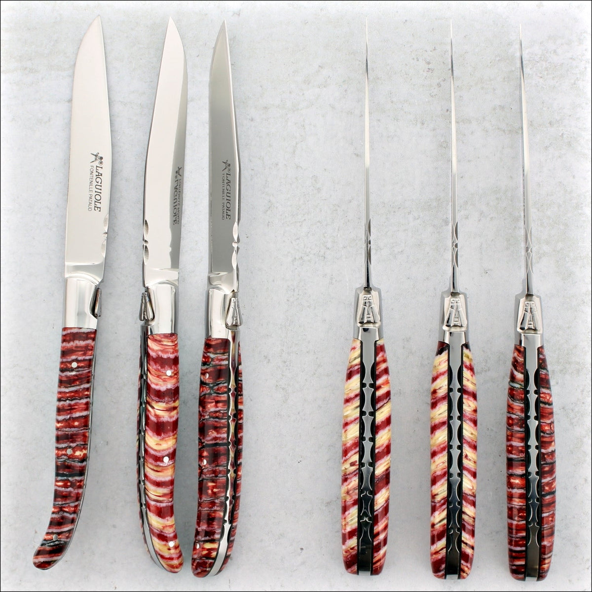 Laguiole Forged Steak Knives Fossilized Mammoth Tooth - Fuchsia &amp; Cream