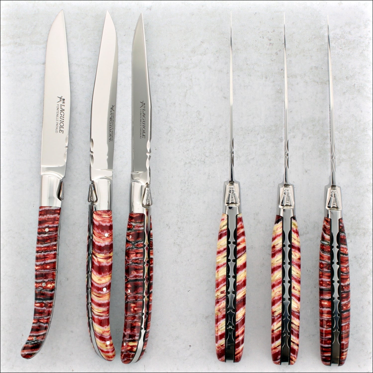 Laguiole Forged Steak Knives Fossilized Mammoth Tooth - Fuchsia & Cream
