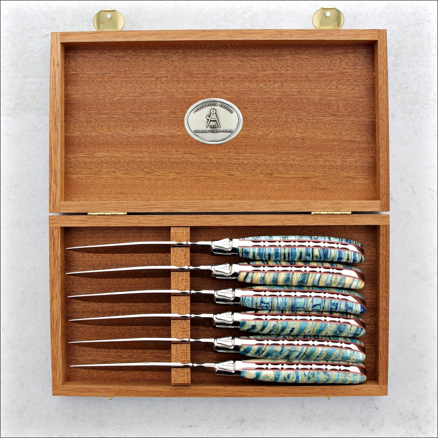 Laguiole Forged Steak Knives Fossilized Mammoth Tooth - Turquoise & Cream