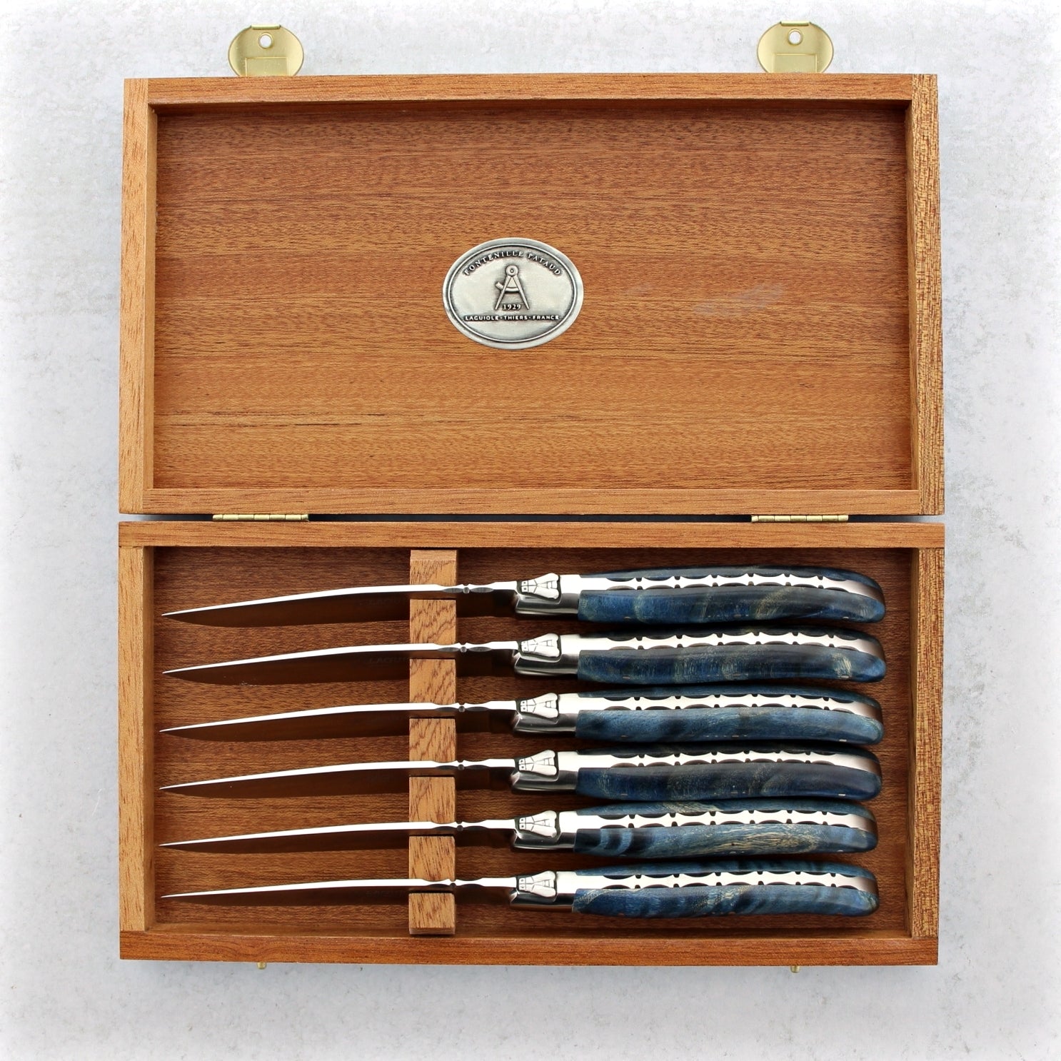 Laguiole Forged Steak Knives Stained Poplar Burl - Blue