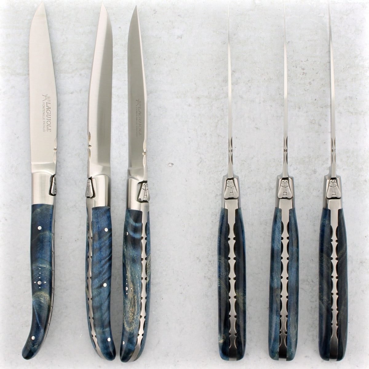 Laguiole Forged Steak Knives Stained Poplar Burl - Blue