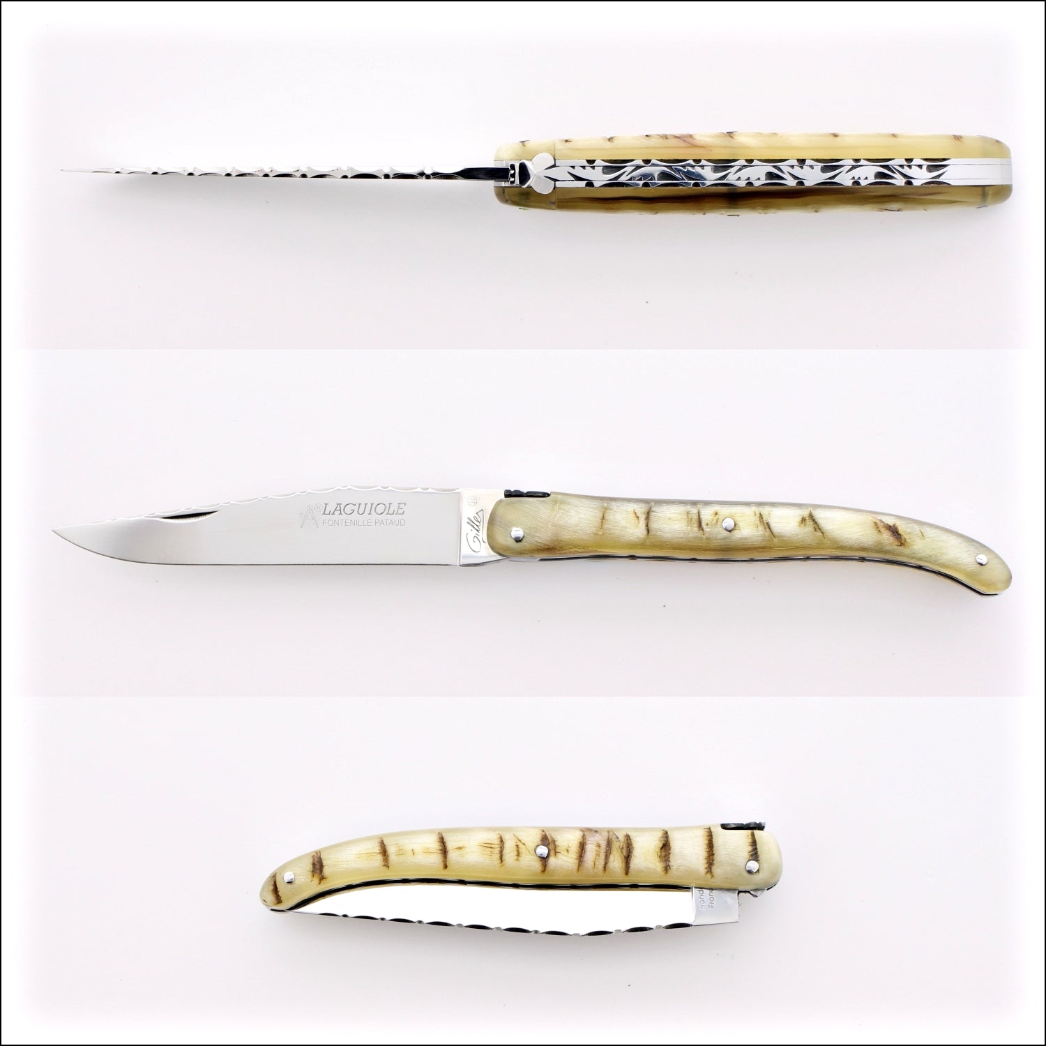 Laguiole Full Handle 11 cm Guilloche Pocket Knife Ram Horn Tip