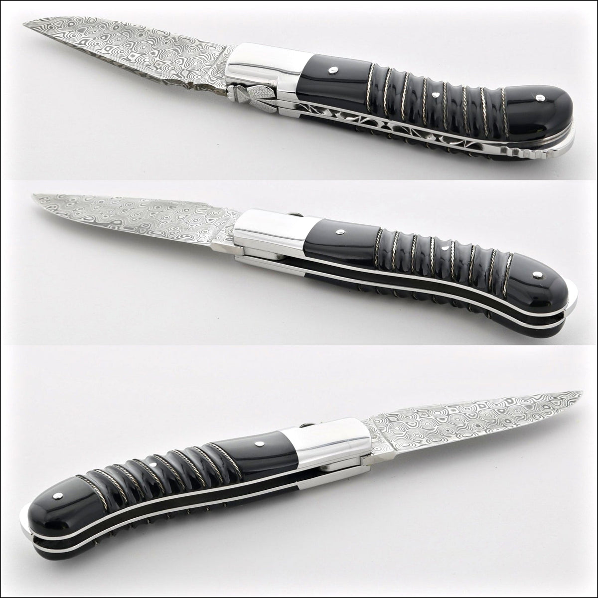 Laguiole Gentleman&#39;s Knife - Damascus Blade - Treaded Silver Rope on Black Horn Tip