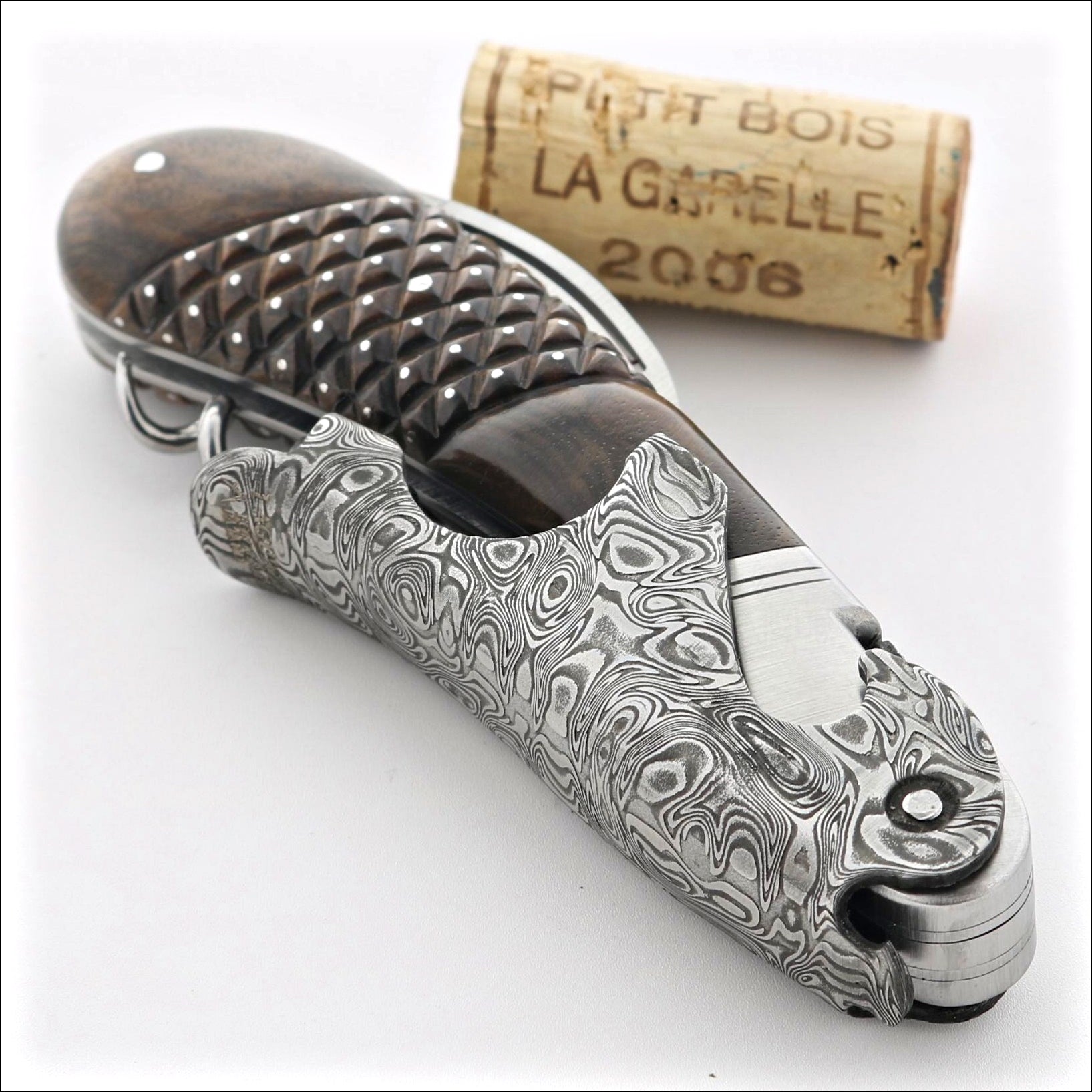Laguiole Magnum Damascus Studded Burled Walnut Corkscrew