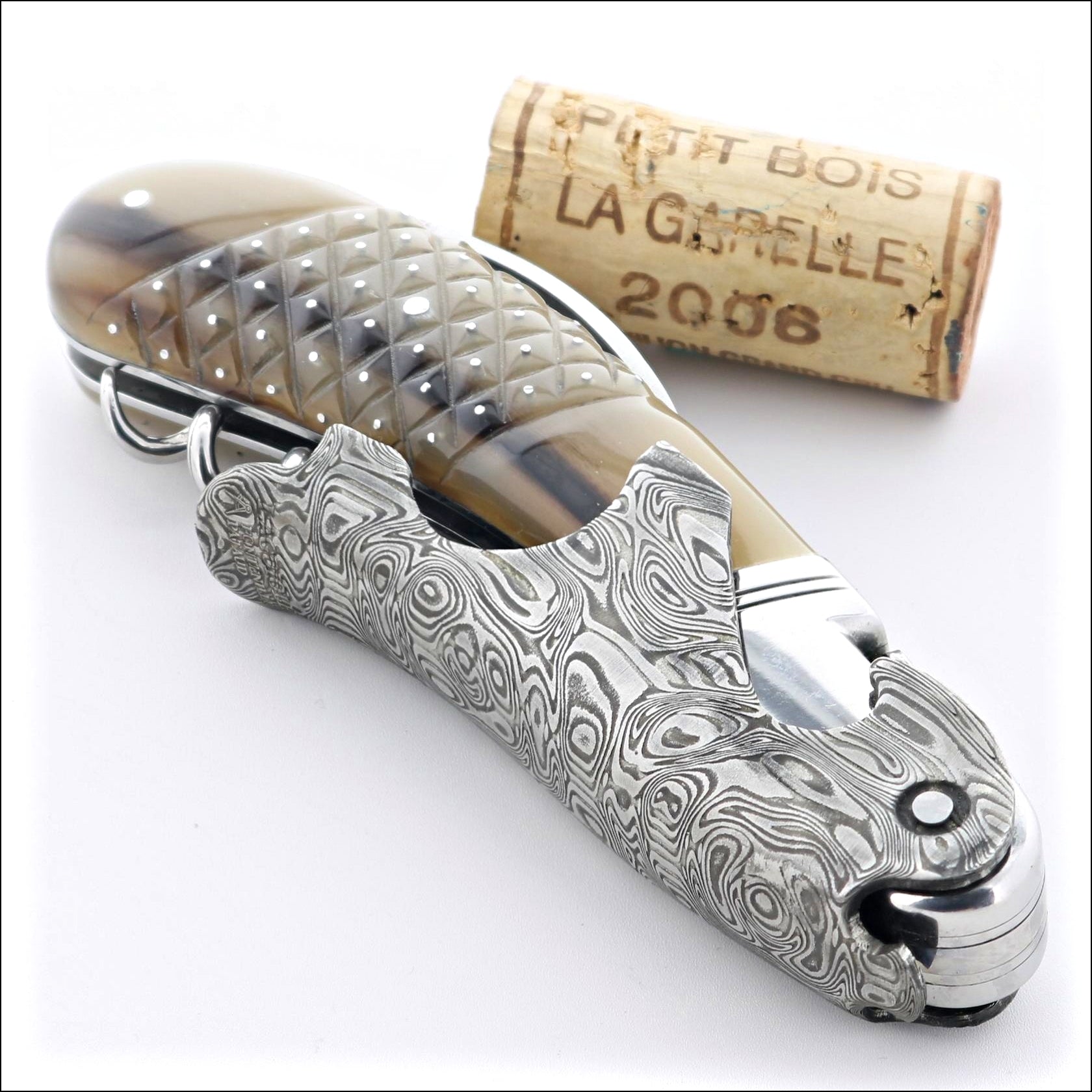 Laguiole Magnum Damascus Studded Horn Tip Corkscrew
