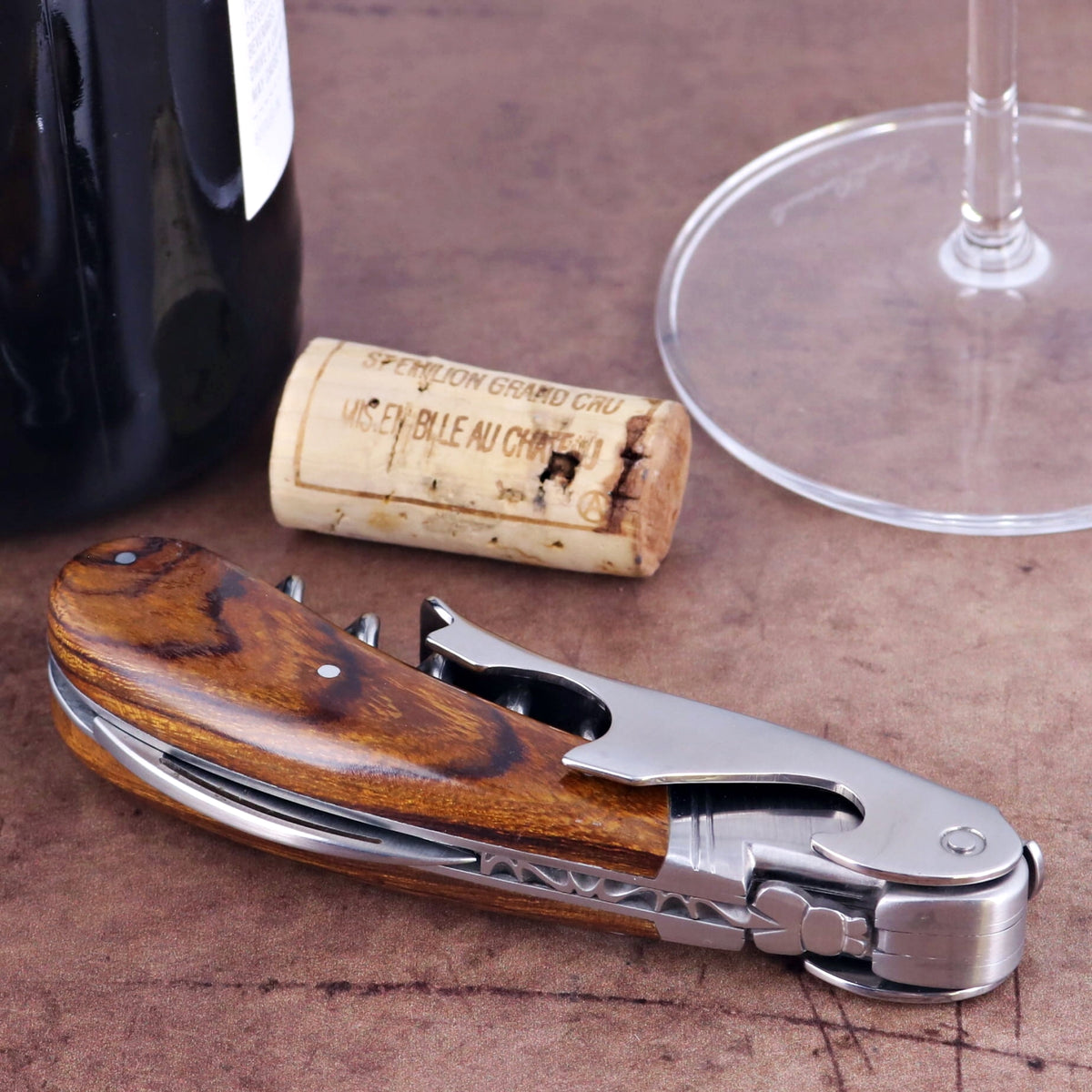 Laguiole Magnum Desert Ironwood Corkscrew, side view, showing wood handle and stainless steel.